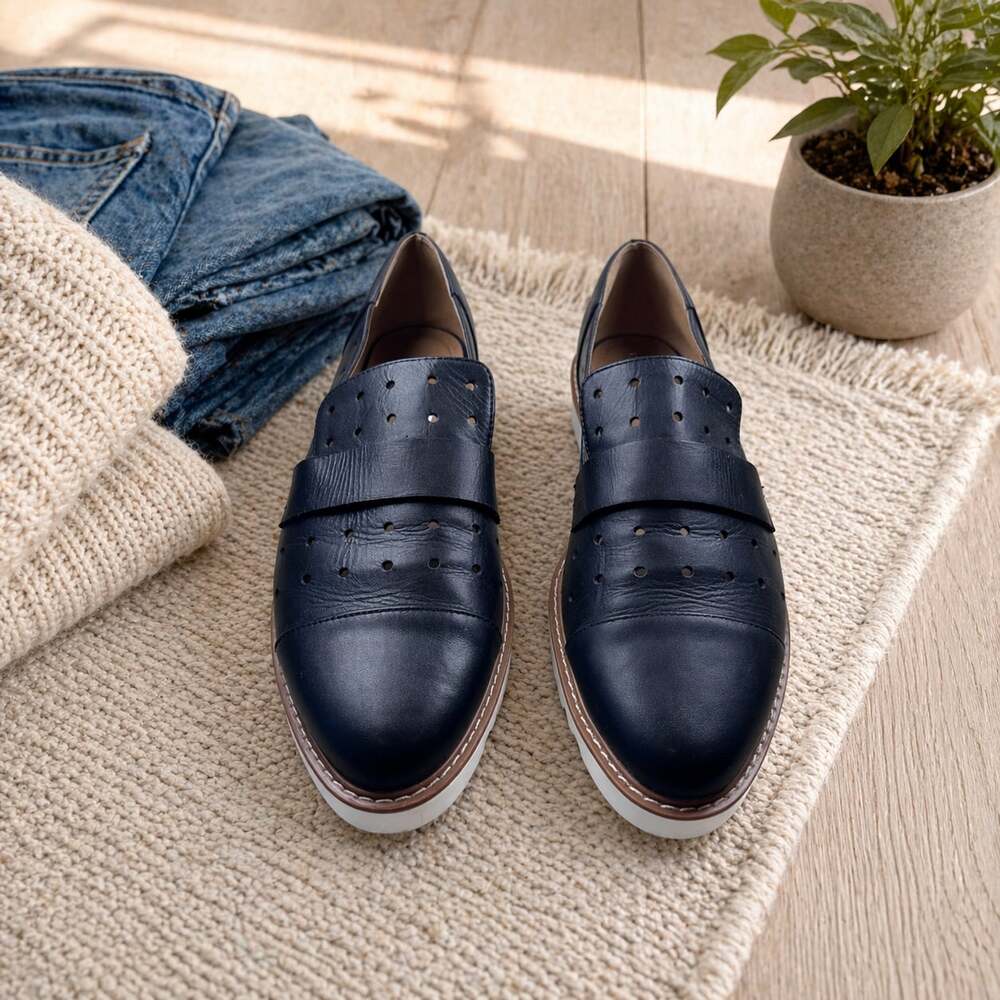 14th & Union Black Leather Platform Loafers Perforated Slip On Size 9.5